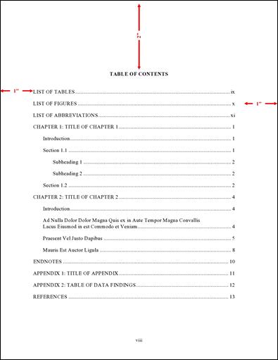 Table of Contents page with mesaurements described in surrounding text
