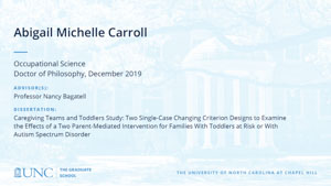 Abigail Michelle Carroll, Occupational Science, Doctor of Philosophy, 19-Dec, Advisors: Professor Nancy Bagatell, Dissertation: Caregiving Teams and Toddlers Study: Two Single-Case Changing Criterion Designs to Examine the Effects of a Two Parent-Mediated Intervention for Families With Toddlers at Risk or With Autism Spectrum Disorder