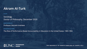 Akram Al-Turk, Sociology, Doctor of Philosophy, December 2020, Advisors: Professor Kenneth Andrews, Dissertation: The Rise of Performance-Based Accountability in Education in the United States: 1965-1994