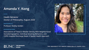 Amanda Y Kong, Health Behavior, Doctor of Philosophy, August 2020, Advisors: Professor Shelley Golden, Dissertation: Associations of Tobacco Retailer Density With Neighborhood Sociodemographics, Individual Smoking Behaviors, and COPD Hospital Discharge Rates: A Spatial Health Approach 