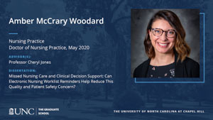 Amber McCrary Woodard, Nursing Practice, Doctor of Nursing Practice, May 2020, Advisors: Professor Cheryl Jones, Dissertation: Missed Nursing Care and Clinical Decision Support: Can Electronic Nursing Worklist Reminders Help Reduce This Quality and Patient Safety Concern?