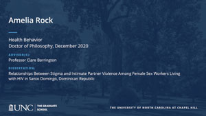 Amelia Rock, Health Behavior, Doctor of Philosophy, December 2020, Advisors: Professor Clare Barrington, Dissertation: Relationships Between Stigma and Intimate Partner Violence Among Female Sex Workers Living with HIV in Santo Domingo, Dominican Republic