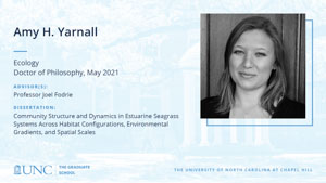Amy H. Yarnall, Ecology, Doctor of Philosophy, May 2021, Advisors: Professor Joel Fodrie, Dissertation: Community structure and dynamics in estuarine seagrass systems across habitat configurations, environmental gradients, and spatial scales
