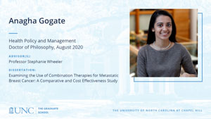 Anagha Gogate, Health Policy and Management, Doctor of Philosophy, August 2020, Advisors: Professor Stephanie Wheeler, Dissertation: Examining the Use of Combination Therapies for Metastatic Breast Cancer: A Comparative and Cost Effectiveness Study 