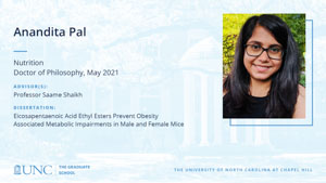Anandita Pal, Nutrition, Doctor of Philosophy, May 2021, Advisors: Professor Saame Shaikh, Dissertation: Eicosapentaenoic Acid Ethyl Esters Prevent Obesity Associated Metabolic Impairments in Male and Female Mice