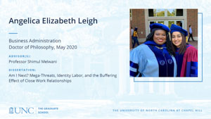 Angelica Elizabeth Leigh, Business Administration, Doctor of Philosophy, May 2020, Advisors: Professor Shimul Melwani, Dissertation: Am I Next? Mega-Threats, Identity Labor, and the Buffering Effect of Close Work Relationships