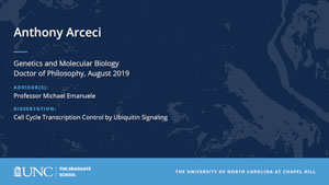 Anthony Arceci, Genetics and Molecular Biology, Doctor of Philosophy, August 2019, Advisors: Professor Michael Emanuele, Dissertation: Cell Cycle Transcription Control by Ubiquitin Signaling 