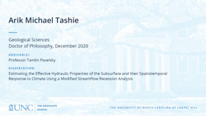 Arik Michael Tashie, Geological Sciences, Doctor of Philosophy, December 2020, Advisors: Professor Tamlin Pavelsky, Dissertation: Estimating the Effective Hydraulic Properties of the Subsurface and their Spatiotemporal Response to Climate Using a Modified Streamflow Recession Analysis 