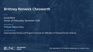 Brittney Renwick Chesworth, Social Work, Doctor of Philosophy, December 2020, Advisors: Professor Rebecca Macy, Dissertation: Exploring State Policies and Program Practices for Offenders of Intimate Partner Violence