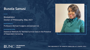 Busola Sanusi, Biostatistics, Doctor of Philosophy, May 2021, Advisors: Professors Michael Hudgens and Jianwen Cai, Dissertation: Statistical Methods for Marked Survival Data in the Presence of Dependent Censoring