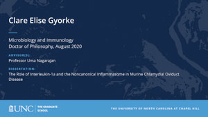 Clare Elise Gyorke, Microbiology and Immunology, Doctor of Philosophy, August 2020, Advisors: Professor Uma Nagarajan, Dissertation: The Role of Interleukin-1a and the Noncanonical Inflammasome in Murine Chlamydial Oviduct Disease