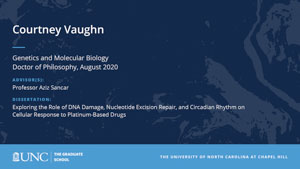 Courtney Vaughn, Genetics and Molecular Biology, Doctor of Philosophy, August 2020, Advisors: Professor Aziz Sancar, Dissertation: Exploring the Role of DNA Damage, Nucleotide Excision Repair, and Circadian Rhythm on Cellular Response to Platinum-Based Drugs 