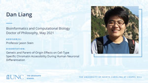 Dan Liang, Bioinformatics and Computational Biology, Doctor of Philosophy, May 2021, Advisors: Professor Jason Stein, Dissertation: Genetic and Parent-of-origin Effects on Cell-type Specific Chromatin Accessibility during Human Neuronal Differentiation