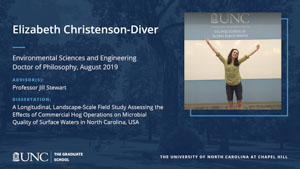 Elizabeth Christenson-Diver, Environmental Sciences and Engineering, Doctor of Philosophy, August 2019, Advisors: Professor Jill Stewart, Dissertation: A Longitudinal, Landscape-Scale Field Study Assessing the Effects of Commercial Hog Operations on Microbial Quality of Surface Waters in North Carolina, USA 