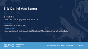 Eric Daniel Van Buren, Biostatistics, Doctor of Philosophy, December 2020, Advisors: Professors Yun Li and Di Wu, Dissertation: Improved Methods for the Analysis of Single-cell RNA-sequencing and Imaging Data