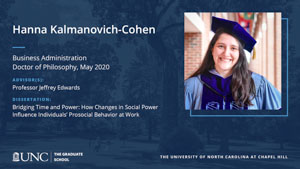 Hanna Kalmanovich-Cohen, Business Administration, Doctor of Philosophy, May 2020, Advisors: Professor Jeffrey Edwards, Dissertation: Bridging Time and Power: How Changes in Social Power Influence Individuals’ Prosocial Behavior at Work