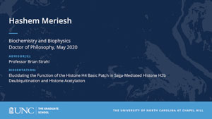 Hashem Meriesh, Biochemistry and Biophysics, Doctor of Philosophy, May 2020, Advisors: Professor Brian Strahl, Dissertation: Elucidating the function of the histone H4 basic patch in SAGA-mediated histone H2B deubiquitination and histone acetylation