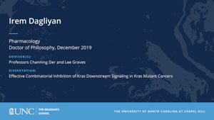 Irem Dagliyan, Pharmacology, Doctor of Philosophy, 19-Dec, Advisors: Professors Channing Der and Lee Graves, Dissertation: Effective Combinatorial Inhibition of Kras Downstream Signaling in Kras Mutant Cancers