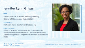 Jennifer Lynn Griggs, Environmental Sciences and Engineering, Doctor of Philosophy, August 2020, Advisors: Professors Karen Bradham and Rebecca Fry, Dissertation: Effects of Arsenic-Contaminated Soil Exposure on Gut Bacteria and its Relationship With Oral Bioaccessibility of Arsenic Using a Multi-Compartment In Vitro Gastrointestinal Model 