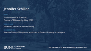 Jennifer Schiller, Pharmaceutical Sciences, Doctor of Philosophy, May 2020, Advisors: Professors Samuel Lai and Leaf Huang, Dissertation: Selective Tuning of Biogels and Antibodies to Enhance Trapping of Pathogens