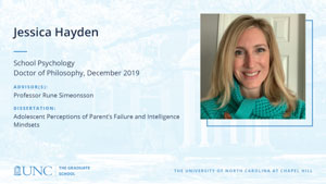 Jessica Hayden, School Psychology, Doctor of Philosophy, 19-Dec, Advisors: Professor Rune Simeonsson, Dissertation: Adolescent Perceptions of Parent’s Failure and Intelligence Mindsets