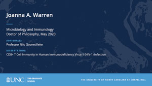Joanna A Warren, Microbiology and Immunology, Doctor of Philosophy, May 2020, Advisors: Professor Nilu Goonetilleke, Dissertation: CD8+ T Cell Immunity in Human Immunodeficiency Virus-1 (HIV-1) Infection