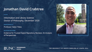 Jonathan David Crabtree, Information and Library Science, Doctor of Philosophy, December 2020, Advisors: Professor Helen Tibbo, Dissertation: Evidence for Trusted Digital Repository Reviews: An Analysis of Perspectives 