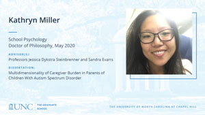 Kathryn Miller, School Psychology, Doctor of Philosophy, May 2020, Advisors: Professors Jessica Dykstra Steinbrenner and Sandra Evarrs, Dissertation: Multidimensionality of Caregiver Burden in Parents of Children With Autism Spectrum Disorder