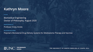 Kathryn Moore, Biomedical Engineering, Doctor of Philosophy, August 2020, Advisors: Professor Kristy Ainslie, Dissertation: Polymeric Biomaterial Drug Delivery Systems for Glioblastoma Therapy and Vaccines