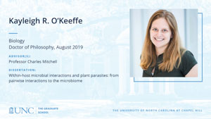 Kayleigh R O'Keeffe, Biology, Doctor of Philosophy, August 2019, Advisors: Professor Charles Mitchell, Dissertation: Within-host microbial interactions and plant parasites: from pairwise interactions to the microbiome