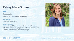 Kelsey Marie Sumner, Epidemiology, Doctor of Philosophy, May 2021, Advisors: Professor Brian Pence, Dissertation: Implications of Asymptomatic Plasmodium Falciparum Infections for Future Symptomatic Malaria Infection and Onward Transmission in Western Kenya