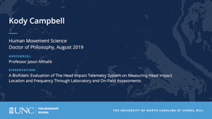 Kody Campbell, Human Movement Science, Doctor of Philosophy, August 2019, Advisors: Professor Jason Mihalik, Dissertation: A Biofidelic Evaluation of The Head Impact Telemetry System on Measuring Head Impact Location and Frequency Through Laboratory and On-Field Assessments