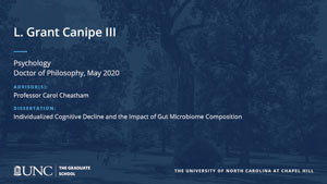 L. Grant Canipe III, Ph.D., Psychology, Doctor of Philosophy, May 2020, Advisors: Professor Carol Cheatham, Dissertation: Individualized Cognitive Decline and the Impact of Gut Microbiome Composition