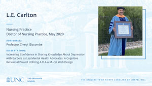 L.E. Carlton, Nursing Practice, Doctor of Nursing Practice, May 2020, Advisors: Professor Cheryl Giscombe, Dissertation: Increasing Confidence in Sharing Knowledge about Depression with Barbers as Lay Mental Health Advocates: A Cognitive Rehearsal Project Utilizing A.D.A.A.M.-QR Web design.