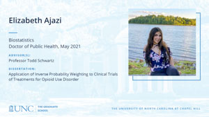 Liz Ajazi, Biostatistics, Doctor of Public Health, May 2021, Advisors: Professor Todd Schwartz, Dissertation: Application of Inverse Probability Weighting to Clinical Trials of Treatments for Opioid Use Disorder