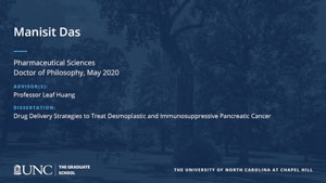 Manisit Das, Pharmaceutical Sciences, Doctor of Philosophy, May 2020, Advisors: Professor Leaf Huang, Dissertation: Drug Delivery Strategies to Treat Desmoplastic and Immunosuppressive Pancreatic Cancer