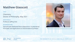Matthew Glasscott, Chemistry, Doctor of Philosophy, May 2021, Advisors: Professor Jeffrey Dick, Dissertation: Nanodroplet-Mediated Electrodeposition: Fundamental Principles and Applications to Nanomaterial Synthesis