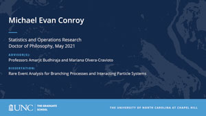 Michael Evan Conroy, Statistics and Operations Research, Doctor of Philosophy, May 2021, Advisors: Professors Amarjit Budhiraja and Mariana Olvera-Cravioto, Dissertation: Rare Event Analysis for Branching Processes and Interacting Particle Systems