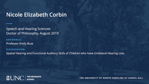 Nicole Elizabeth Corbin, Speech and Hearing Sciences, Doctor of Philosophy, August 2019, Advisors: Professor Emily Buss, Dissertation: Spatial Hearing and Functional Auditory Skills of Children who have Unilateral Hearing Loss