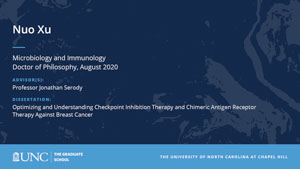 Nuo Xu, Microbiology and Immunology, Doctor of Philosophy, August 2020, Advisors: Professor Jonathan Serody, Dissertation: Optimizing and Understanding Checkpoint Inhibition Therapy and Chimeric Antigen Receptor Therapy Against Breast Cancer