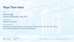 Phyo Than Htoo, Epidemiology, Doctor of Philosophy, May 2020, Advisors: Professor Til Stürmer, Dissertation: Estimating treatment effects in the presence of calendar time trends in prescribing: instrumental variables and trend-in-trend design
