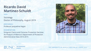 Ricardo David Martinez-Schuldt, Sociology, Doctor of Philosophy, August 2019, Advisors: Professor Jacqueline Hagan, Dissertation: Emigrant Claims and Consular Protection Services: An Analysis of Mexico’s Department of Protection Administrative Data 2010-2015