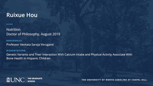Ruixue Hou, Nutrition, Doctor of Philosophy, August 2019, Advisors: Professor Venkata Saroja Voruganti, Dissertation: Genetic Variants and Their Interaction With Calcium Intake and Physical Activity Associate With Bone Health in Hispanic Children