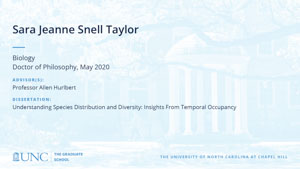 Sara Jeanne Snell Taylor, Biology, Doctor of Philosophy, May 2020, Advisors: Professor Allen Hurlbert, Dissertation: Understanding species distribution and diversity: insights from temporal occupancy