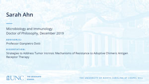 Sarah Ahn, Microbiology and Immunology, Doctor of Philosophy, 19-Dec, Advisors: Professor Gianpietro Dotti, Dissertation: Strategies to Address Tumor Intrinsic Mechanisms of Resistance to Adoptive Chimeric Antigen Receptor Therapy