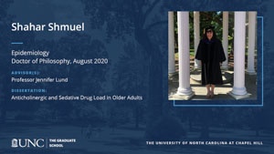 Shahar Shmuel, Epidemiology, Doctor of Philosophy, August 2020, Advisors: Professor Jennifer Lund, Dissertation: Anticholinergic and Sedative Drug Load in Older Adults