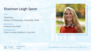Shannon Leigh Speer, Chemistry, Doctor of Philosophy, December 2020, Advisors: Professor Gary Pielak, Dissertation: Protein Complex Stability in Living Cells