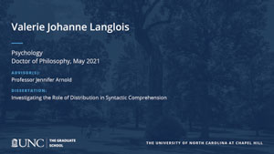 Valerie Johanne Langlois, Psychology, Doctor of Philosophy, May 2021, Advisors: Professor Jennifer Arnold, Dissertation: Investigating the role of distribution in syntactic comprehension