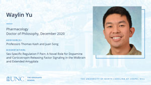 Waylin Yu, Pharmacology, Doctor of Philosophy, December 2020, Advisors: Professors Thomas Kash and Juan Song, Dissertation: Sex-Specific Regulation F Pain: A Novel Role for Dopamine and Corticotropin-Releasing Factor Signaling in the Midbrain and Extended Amygdala