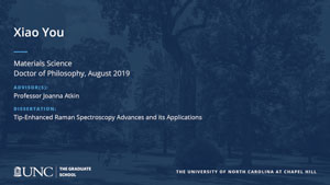 Xiao You, Materials Science, Doctor of Philosophy, August 2019, Advisors: Professor Joanna Atkin, Dissertation: Tip-Enhanced Raman Spectroscopy Advances and its Applications 